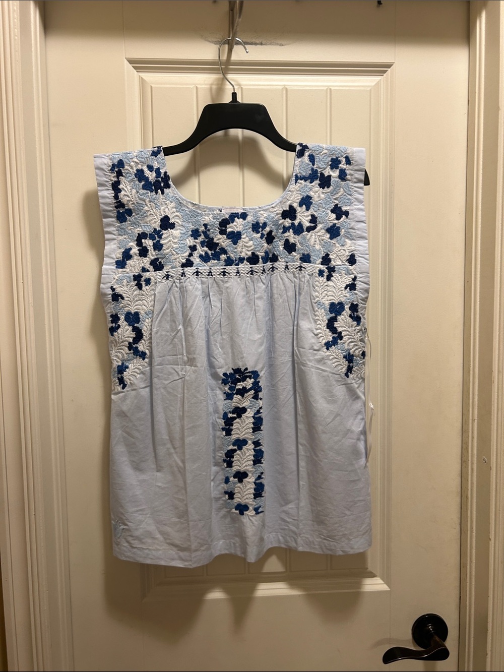 Jmarie Embroidered Light Blue Sleeveless Women’s Top with Navy Floral Accents